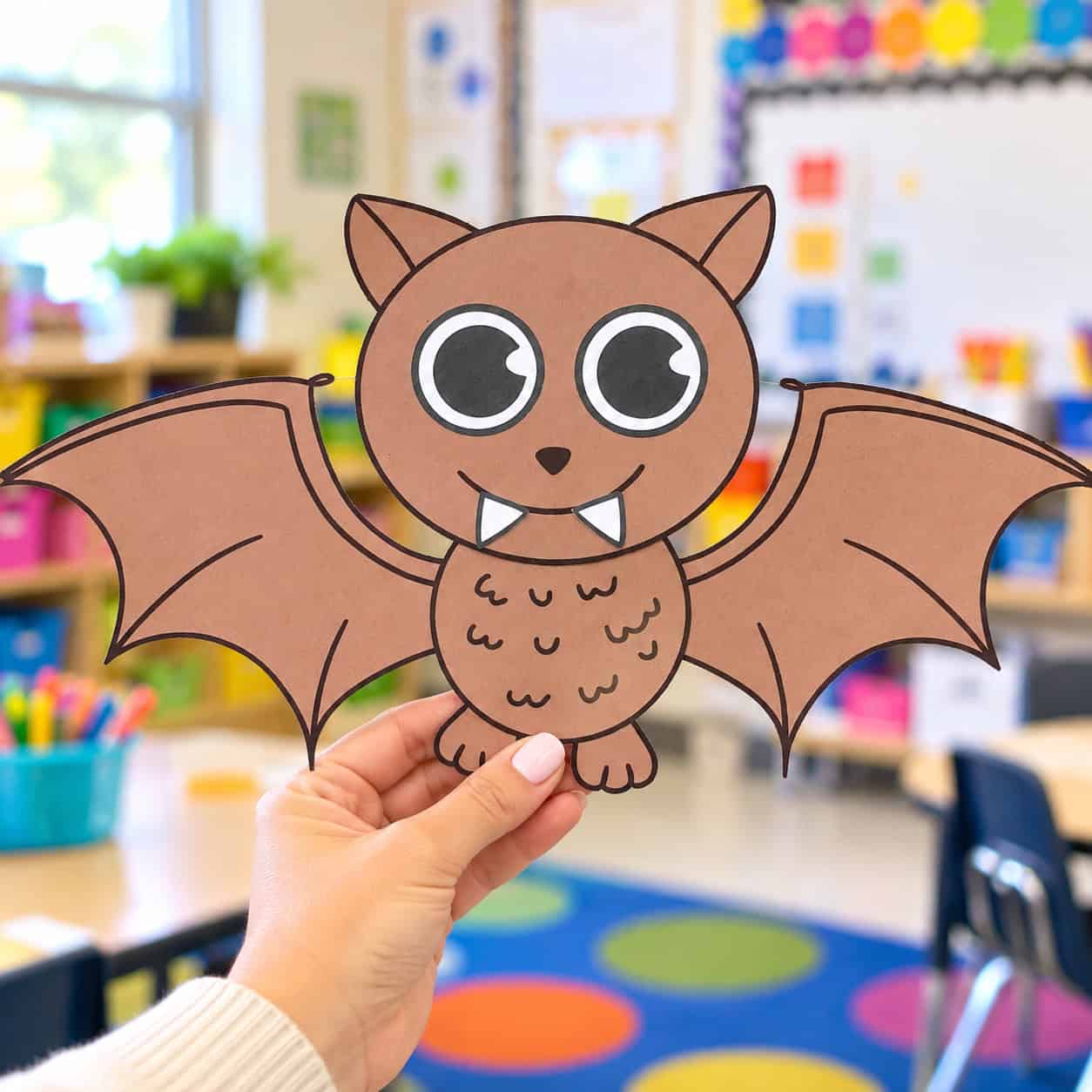 Brown paper bat craft with large wings, googly-style eyes, and white fangs held by a teacher in a kindergarten classroom.