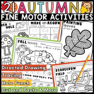 Fall fine motor printable worksheets with acorn directed drawing, leaf Q-tip painting, tracing, cutting and hole punch activities.