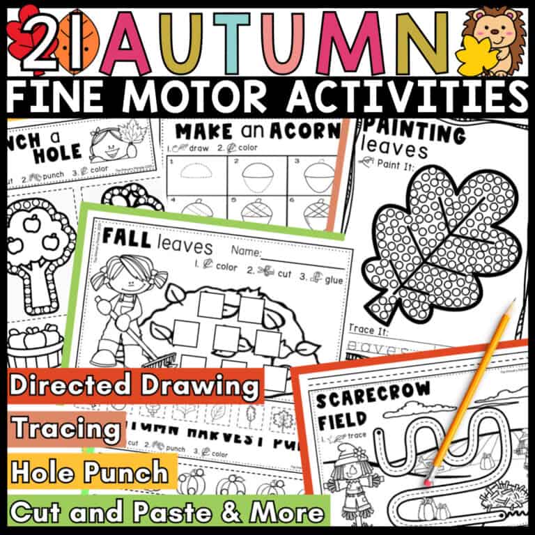 Fall fine motor printable worksheets with acorn directed drawing, leaf Q-tip painting, tracing, cutting and hole punch activities.