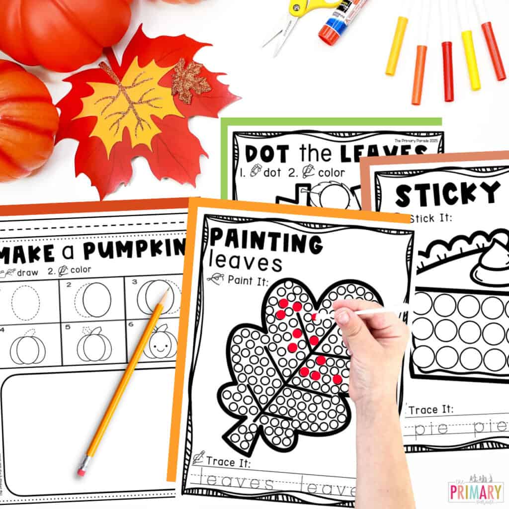 Fall Q-tip painting leaf worksheet with pumpkin directed drawing, dot marker leaf and sticker activities.