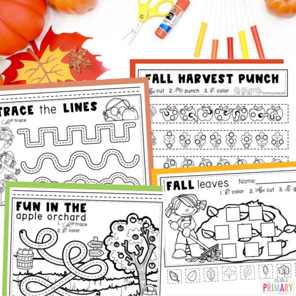 Fall fine motor tracing paths, apple orchard maze, leaf cut-and-paste and harvest hole punch strips.
