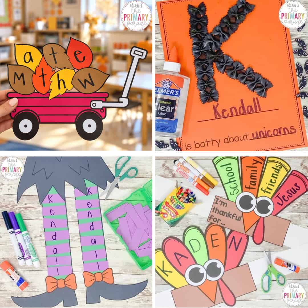 Easy Fall name crafts for kids to do during Autumn, Halloween or Thanksgiving to practice name recognition.