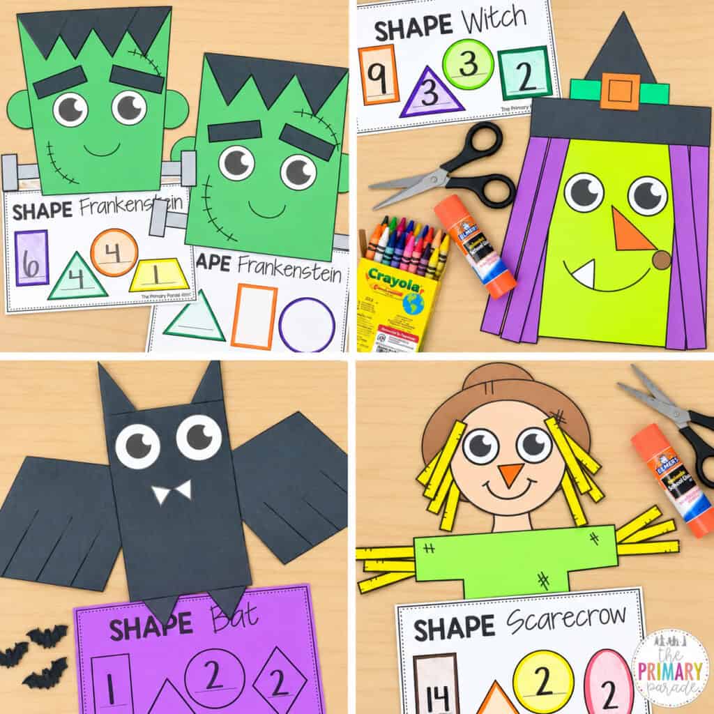 easy fall shape crafts to use in Halloween, Thanksgiving, or Autumn