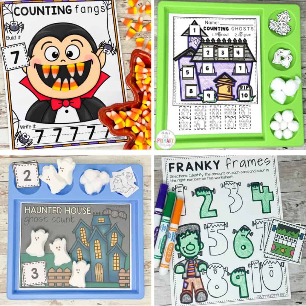 Four Halloween counting activities for preschool and kindergarten featuring counting fangs, ghost counting mats, haunted house ghost count, and Franky Frames.