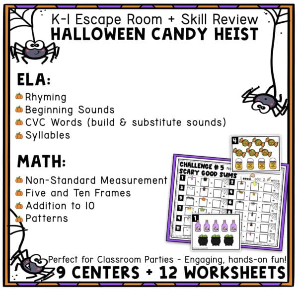 Halloween Candy Heist escape room detective clue cards, suspect elimination sheet and differentiated syllable puzzles.