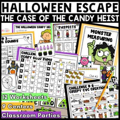 Halloween escape room Candy Heist printable activities featuring monster measuring, CVC word puzzles and addition worksheets.