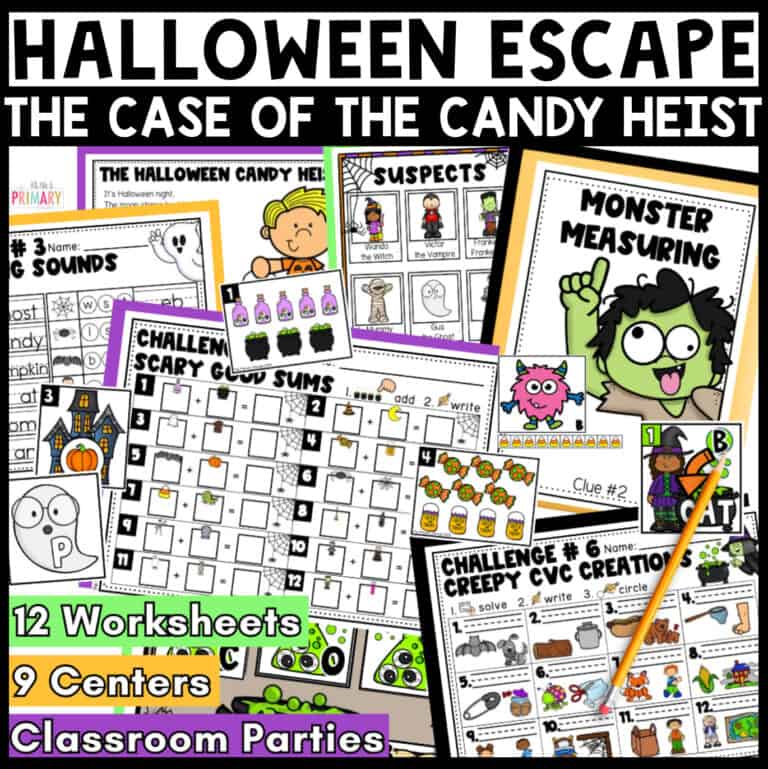 Halloween escape room Candy Heist printable activities featuring monster measuring, CVC word puzzles and addition worksheets.