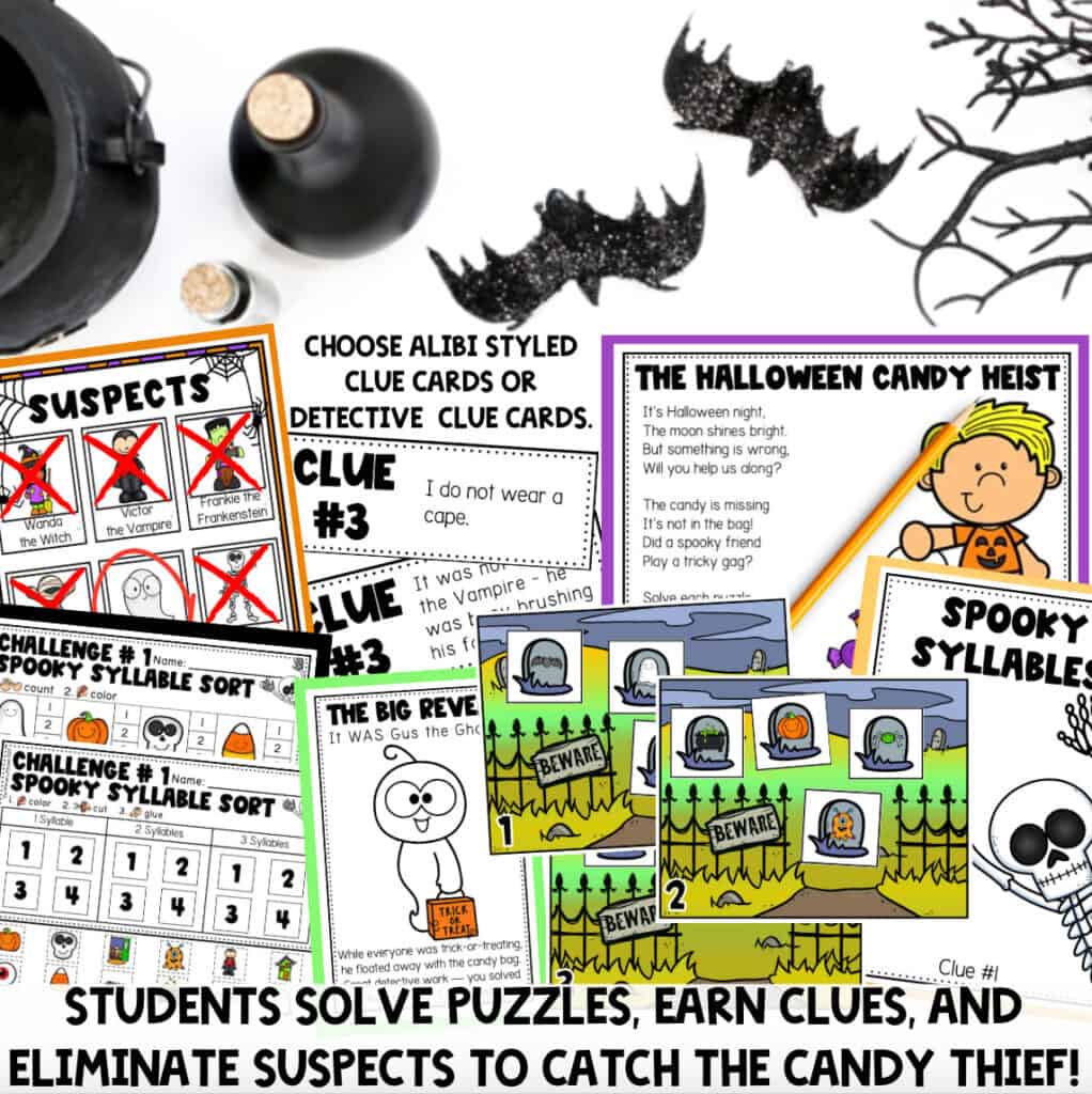 Halloween Candy Heist skills overview listing rhyming, beginning sounds, CVC words, syllables, measurement and addition to 10.