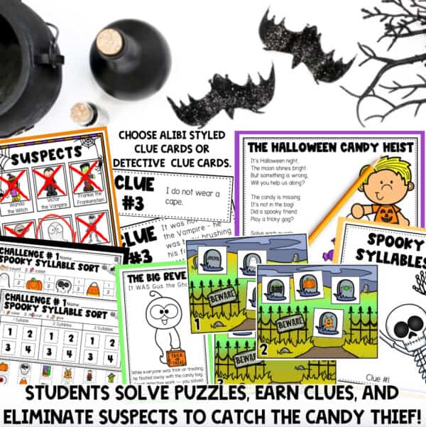 Halloween Candy Heist skills overview listing rhyming, beginning sounds, CVC words, syllables, measurement and addition to 10.