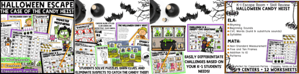 Preview collage of Halloween Candy Heist escape room worksheets, centers, detective clues and math activities for kindergarten.