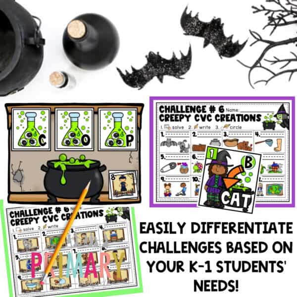 Halloween escape room CVC word challenge with witch and potion clue cards and differentiated worksheets.