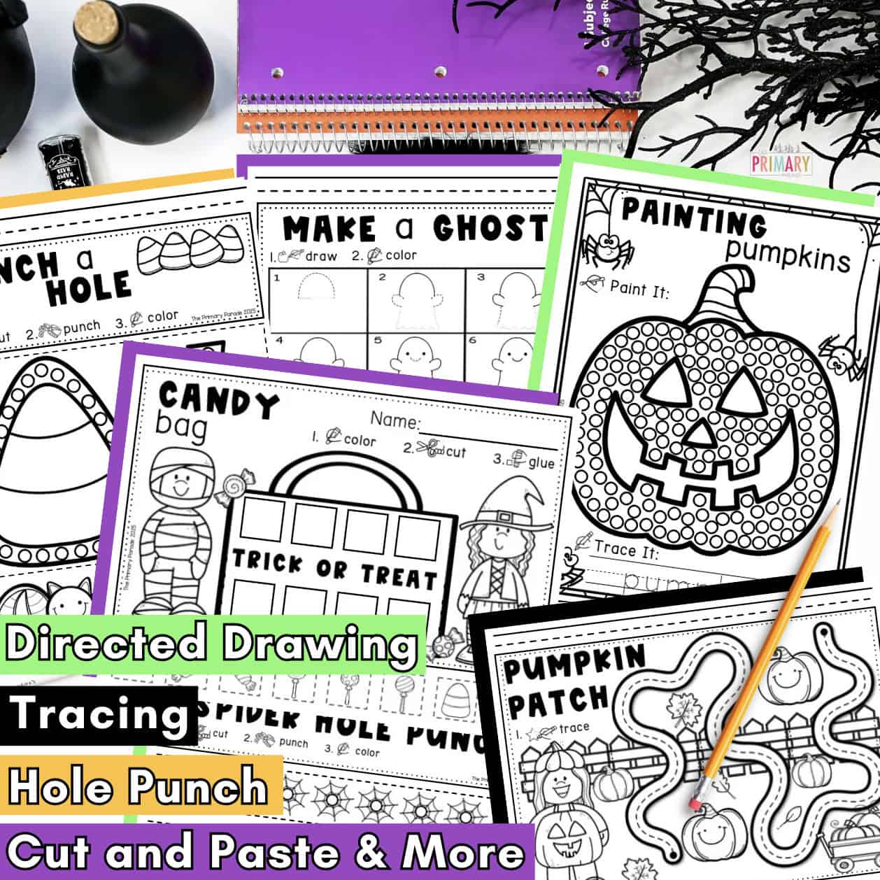 Halloween fine motor worksheets showing ghost drawing, pumpkin painting, candy cut-and-paste, hole punching, and pumpkin patch tracing activities.