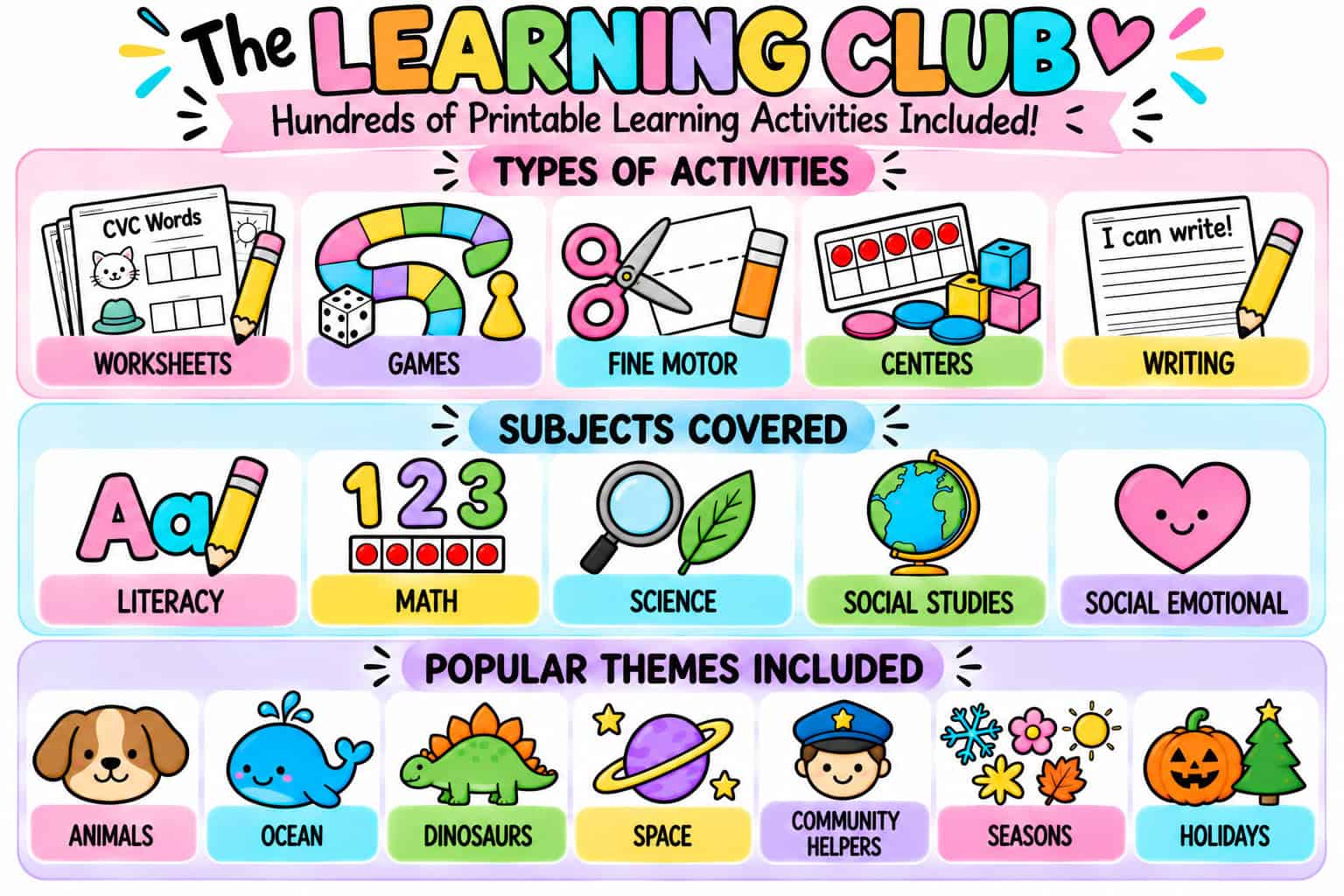 The Learning Club printable activity types, subjects, and themes for preschool, kindergarten, and first grade.