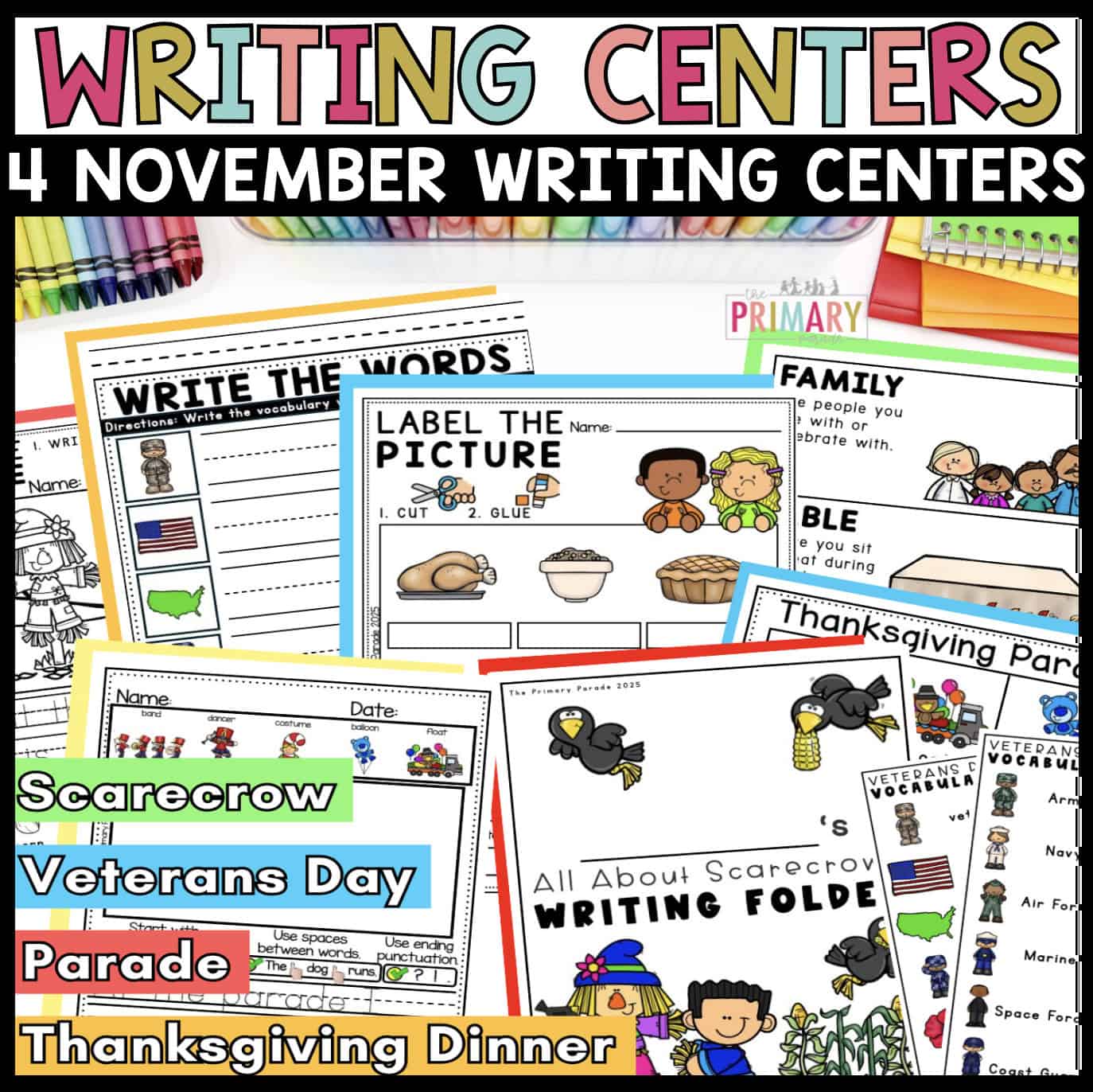 November kindergarten writing centers with Thanksgiving, scarecrow, parade, and Veterans Day activities