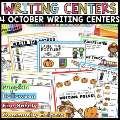 October kindergarten writing centers with pumpkin, Halloween, fire safety, and community helper themes