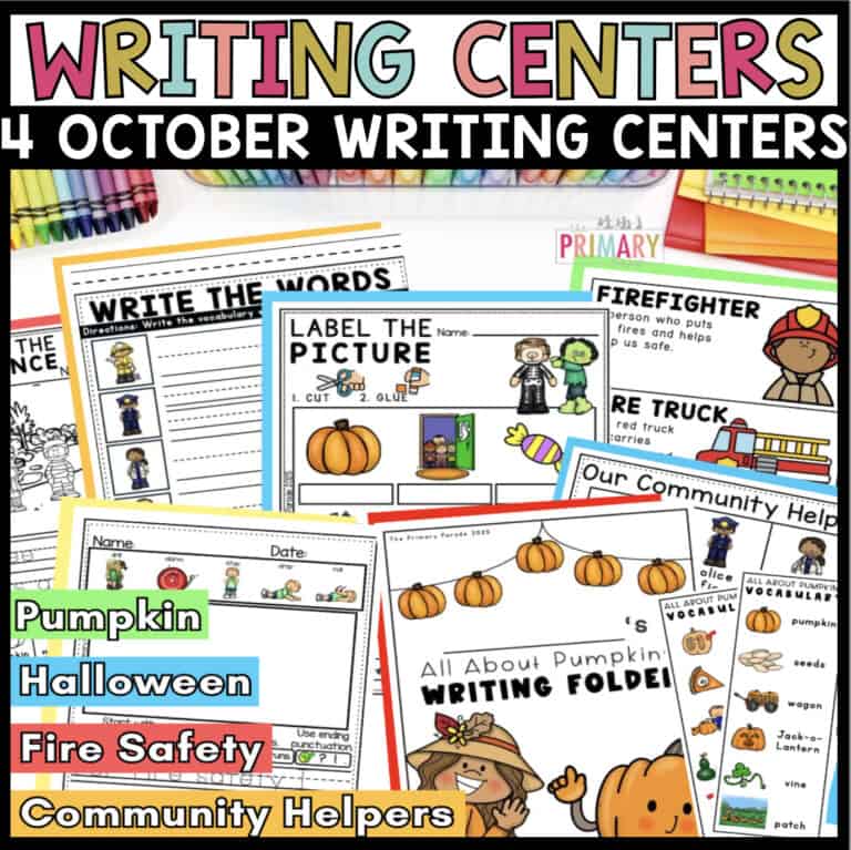 October kindergarten writing centers with pumpkin, Halloween, fire safety, and community helper themes
