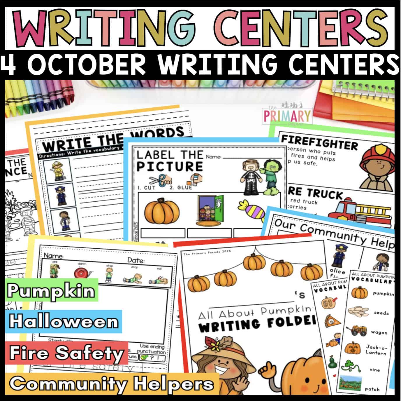 October kindergarten writing centers with pumpkin, Halloween, fire safety, and community helper themes