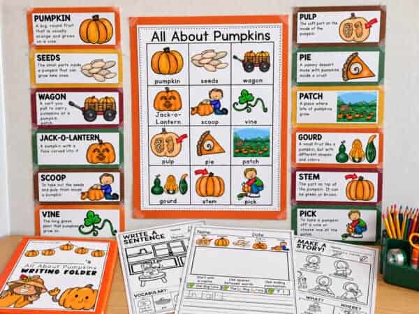 Pumpkin themed writing center printables for kindergarten