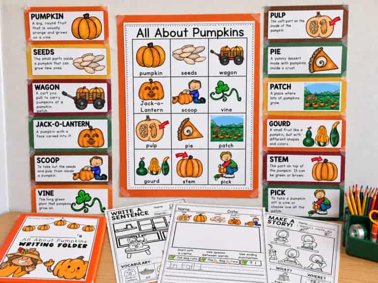 Pumpkin themed writing center printables for kindergarten