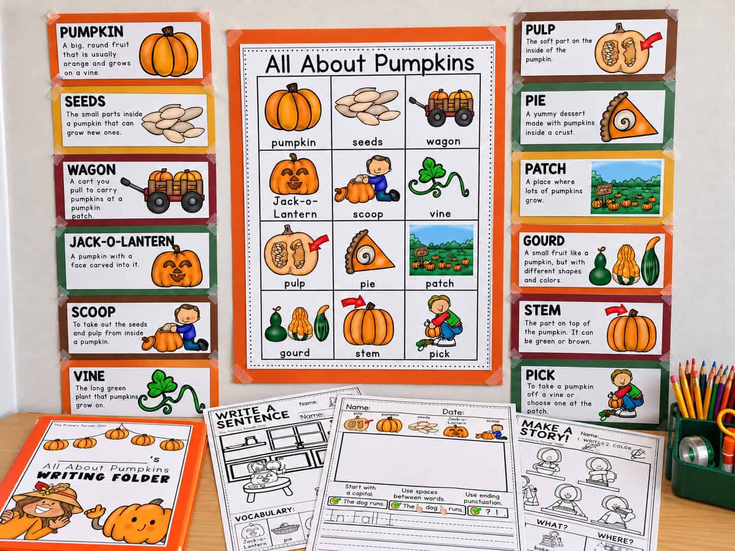 Pumpkin themed writing center printables for kindergarten