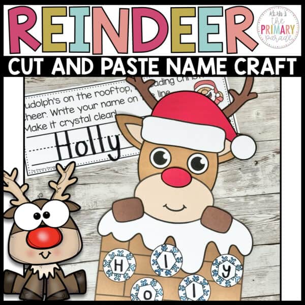 Christmas reindeer name craft with Santa hat, rooftop, snowflake letters and Holly name writing worksheet