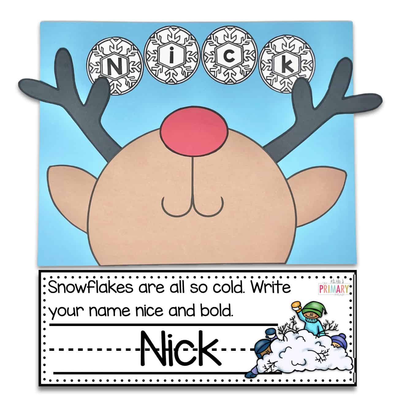 Rudolph reindeer snowflake name craft with a smiling reindeer and lettered snowflakes spelling a child's name