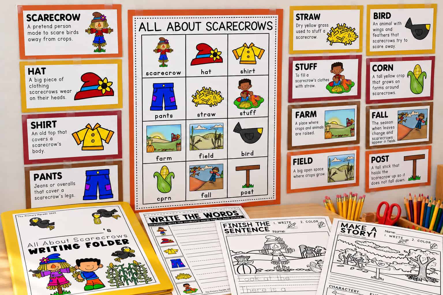Scarecrow writing center printables for kindergarten