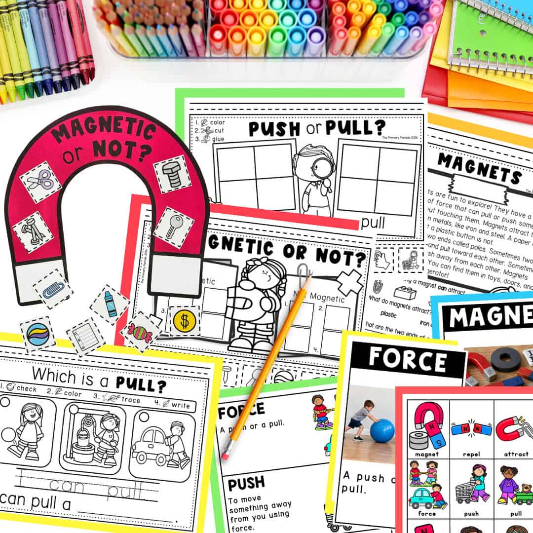 Forces and magnets science printables with magnetic sorting, push-and-pull worksheets, and vocabulary cards from The Learning Club.