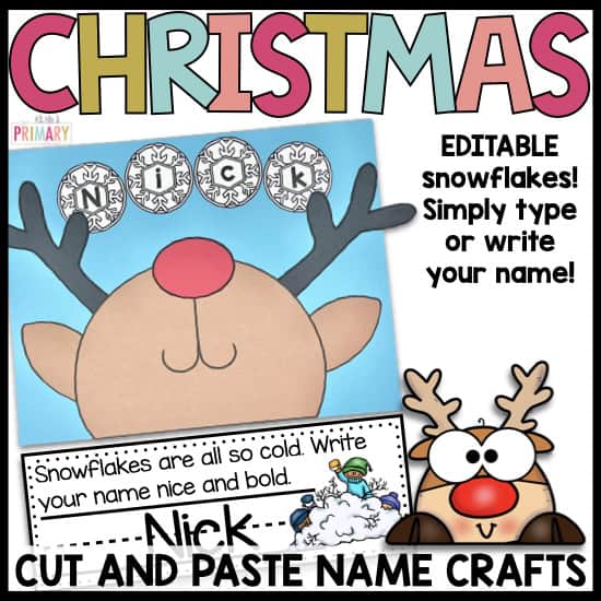 Christmas reindeer name craft with snowflake letters spelling Nick, plus name writing worksheet