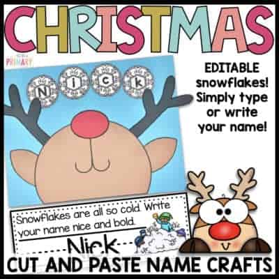 Christmas cut and paste reindeer name craft printable cover with editable snowflake letters
