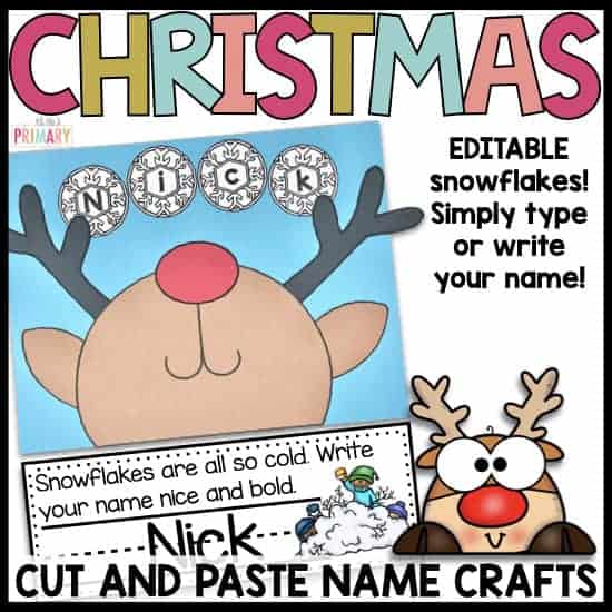 Christmas cut and paste reindeer name craft printable cover with editable snowflake letters