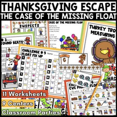 Thanksgiving escape room printable worksheets, detective clues and math and literacy center activities for kindergarten.