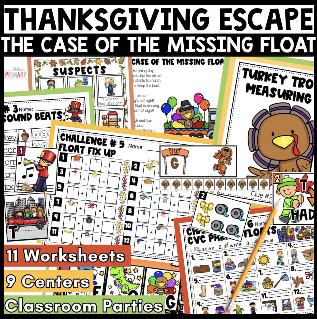 Thanksgiving escape room printable worksheets, detective clues and math and literacy center activities for kindergarten.