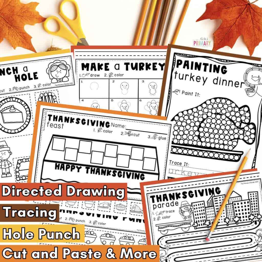 Thanksgiving fine motor activities printable worksheet set for preschool and kindergarten.