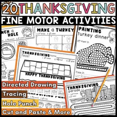Thanksgiving prewriting and fine motor activity worksheets for preschool and kindergarten.