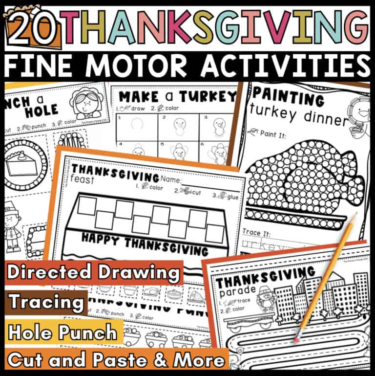 Thanksgiving prewriting and fine motor activity worksheets for preschool and kindergarten.