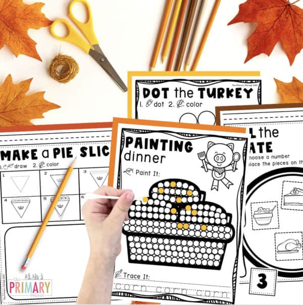 Thanksgiving tracing and cutting practice worksheets for preschool and kindergarten.