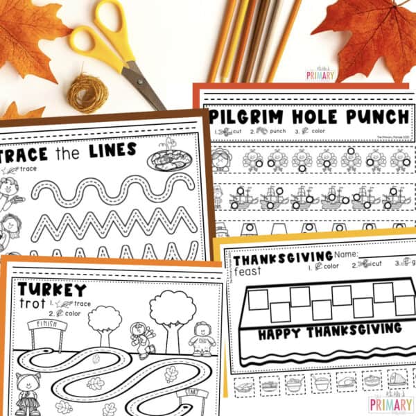 Thanksgiving fine motor worksheets and hands-on center activities for preschool and kindergarten.