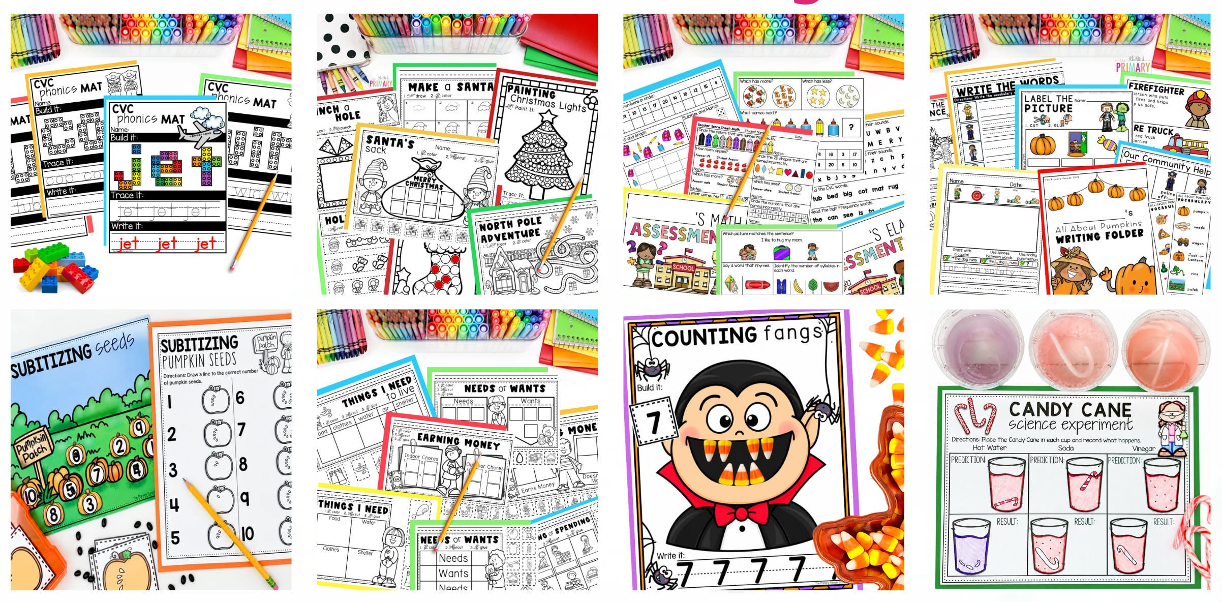 The Learning Club activity examples: CVC phonics mats, Christmas fine motor pages, assessments, writing, pumpkin math, needs and wants, counting, and candy cane science.