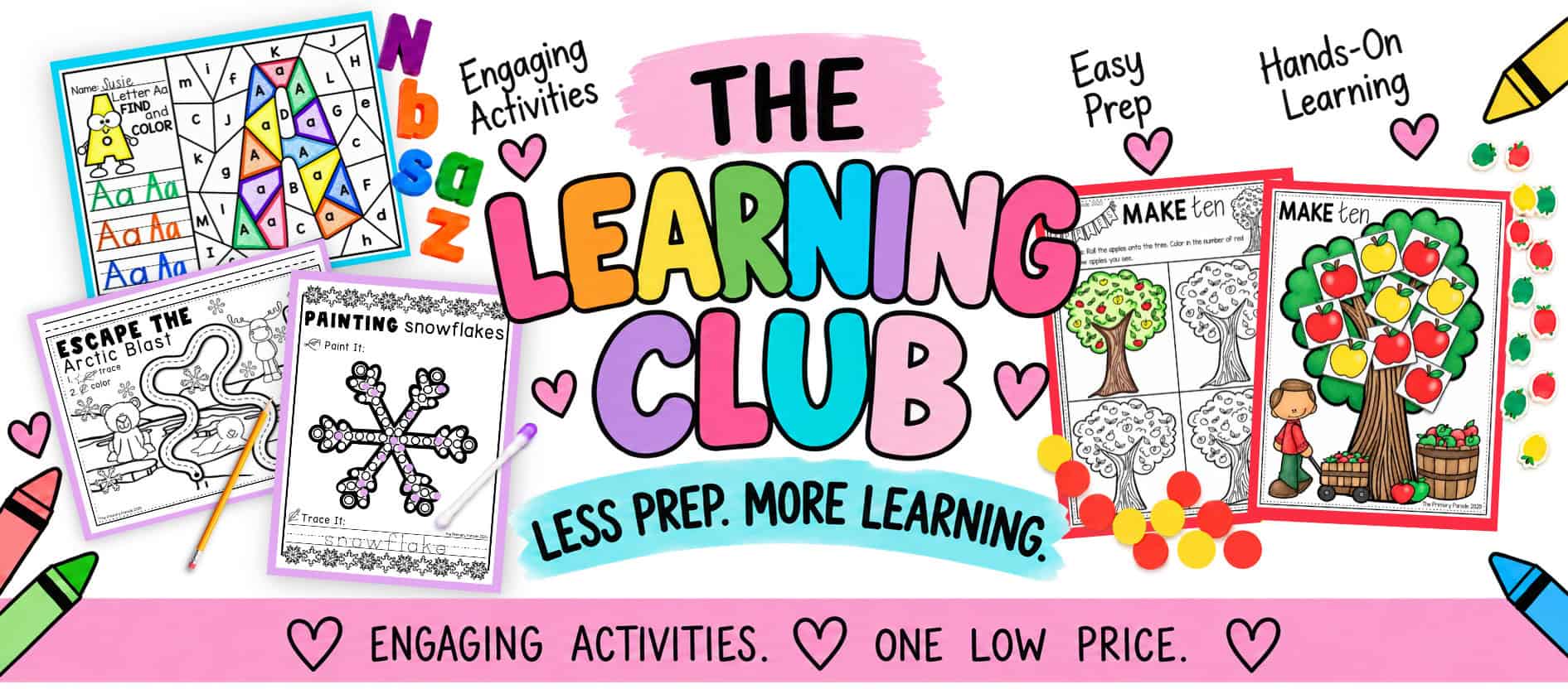 The Learning Club: Less prep. More learning. Alphabet, apple math, tracing, and Q-tip painting activities. Engaging activities. One low price.