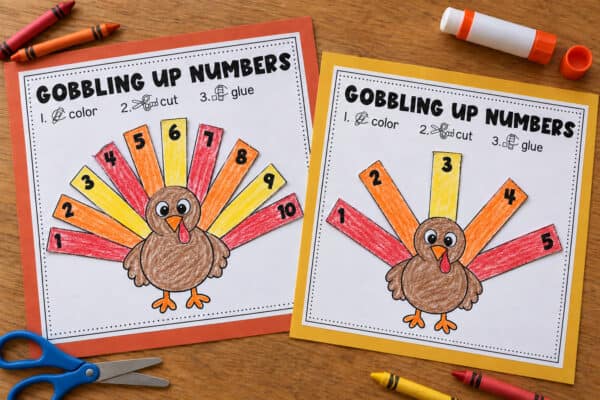 Completed turkey number sequencing worksheets for 1–5 and 1–10 with red, orange, and yellow feathers.