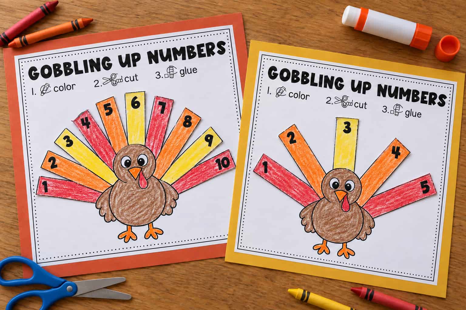 Completed turkey number ordering worksheets for numbers one to five and one to ten