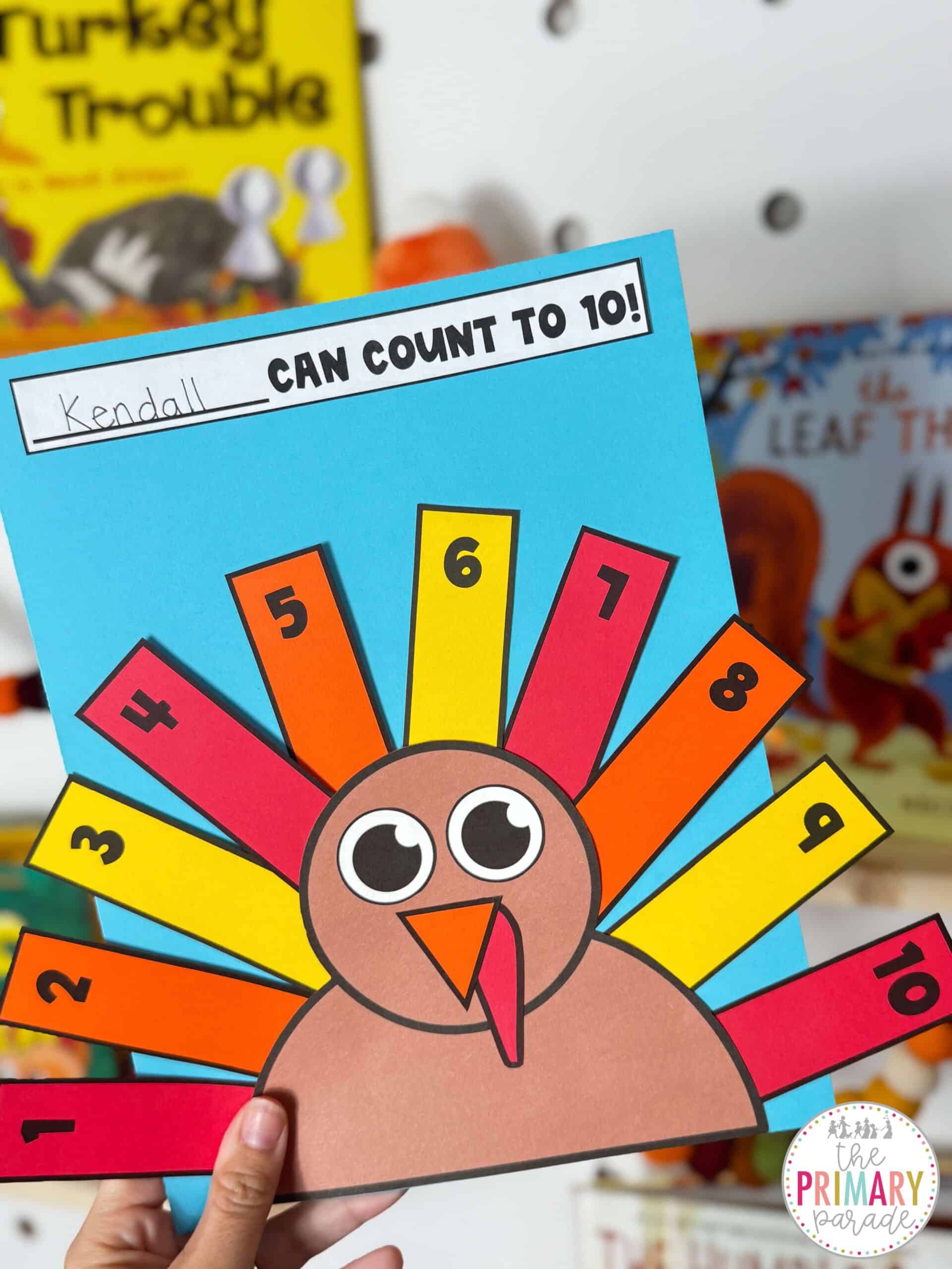 Turkey number order craft with colorful feathers numbered one through ten