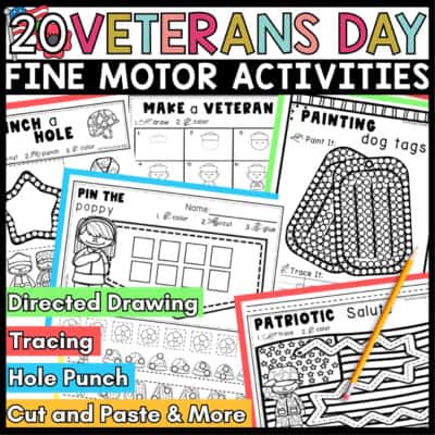 Cover for 20 Veterans Day fine motor activities showing directed drawing, dog tag painting, hole punching, poppy cut-and-paste practice, and tracing.