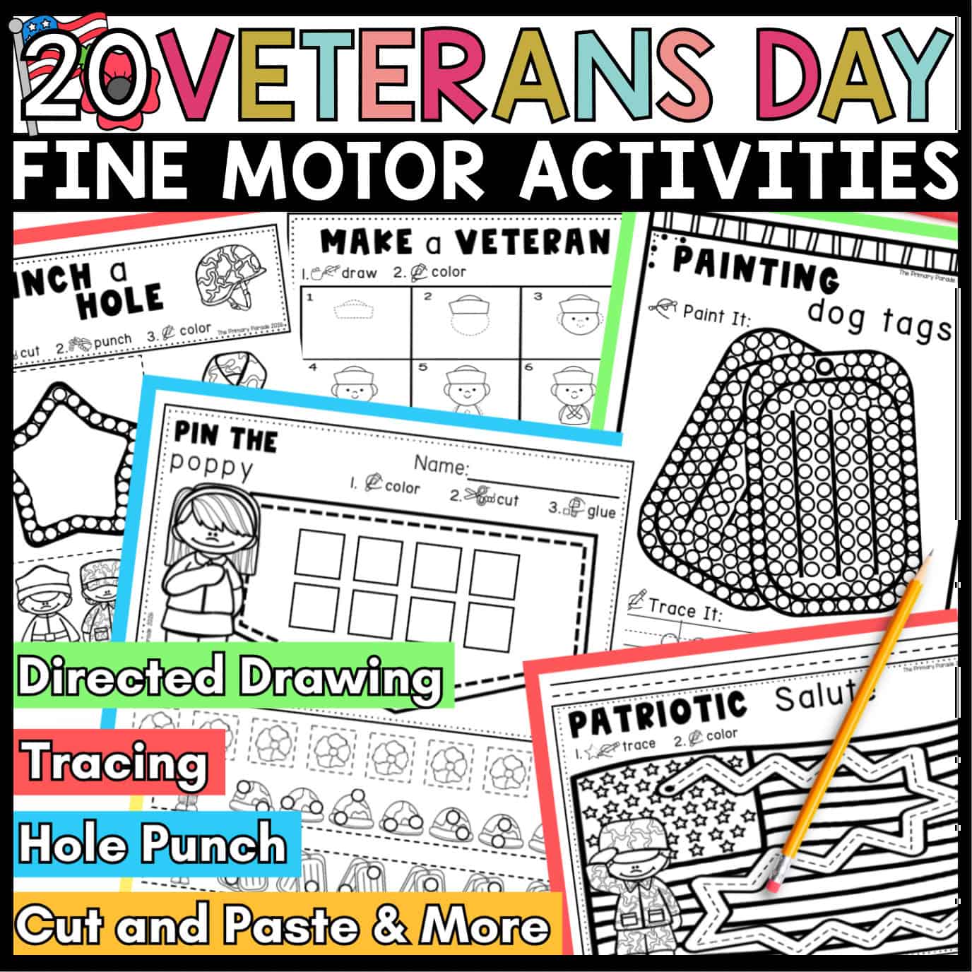 Cover showing 20 Veterans Day fine motor activities with tracing, hole punching, painting, directed drawing, and cut-and-paste practice.