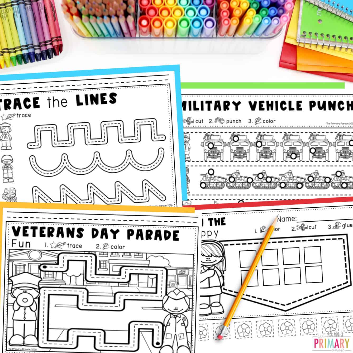 Veterans Day worksheets showing prewriting lines, military vehicle hole-punch strips, a parade tracing path, and Pin the Poppy.