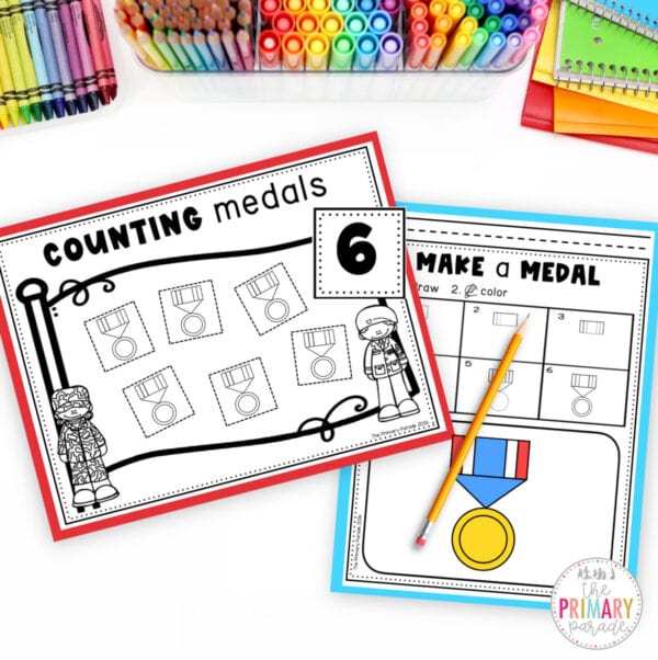 Veterans Day fine motor activity collage featuring directed drawing, hole punching, dog tag painting, poppy cut-and-paste practice, and star tracing.