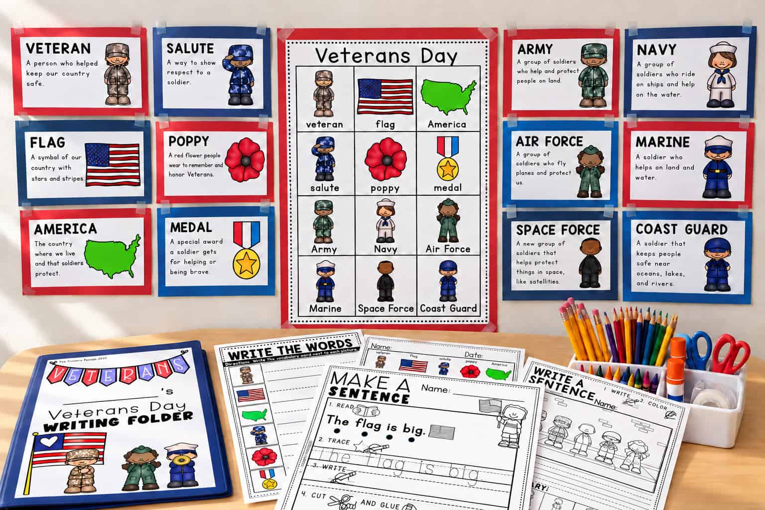 Veterans Day writing center printables for kindergarten